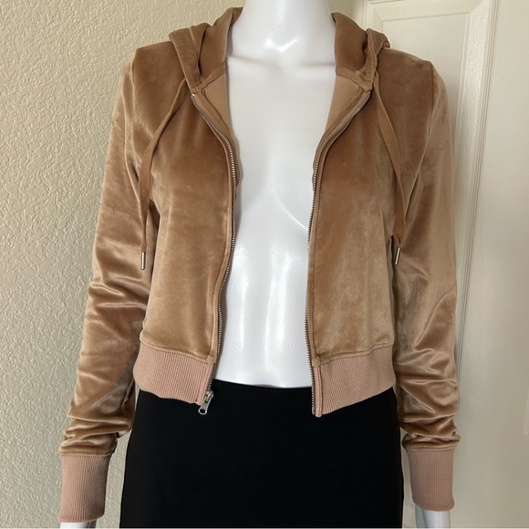 Aerie Velour light Brown Cropped Long Sleeve Hooded Full Zip Sweater Small - Picture 2 of 8